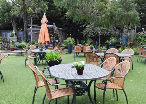 Utomhusrestaurang med flera korgstolar runt bord, krukväxter på bord, ett stängt orange paraply och frodig grönska i bakgrunden.