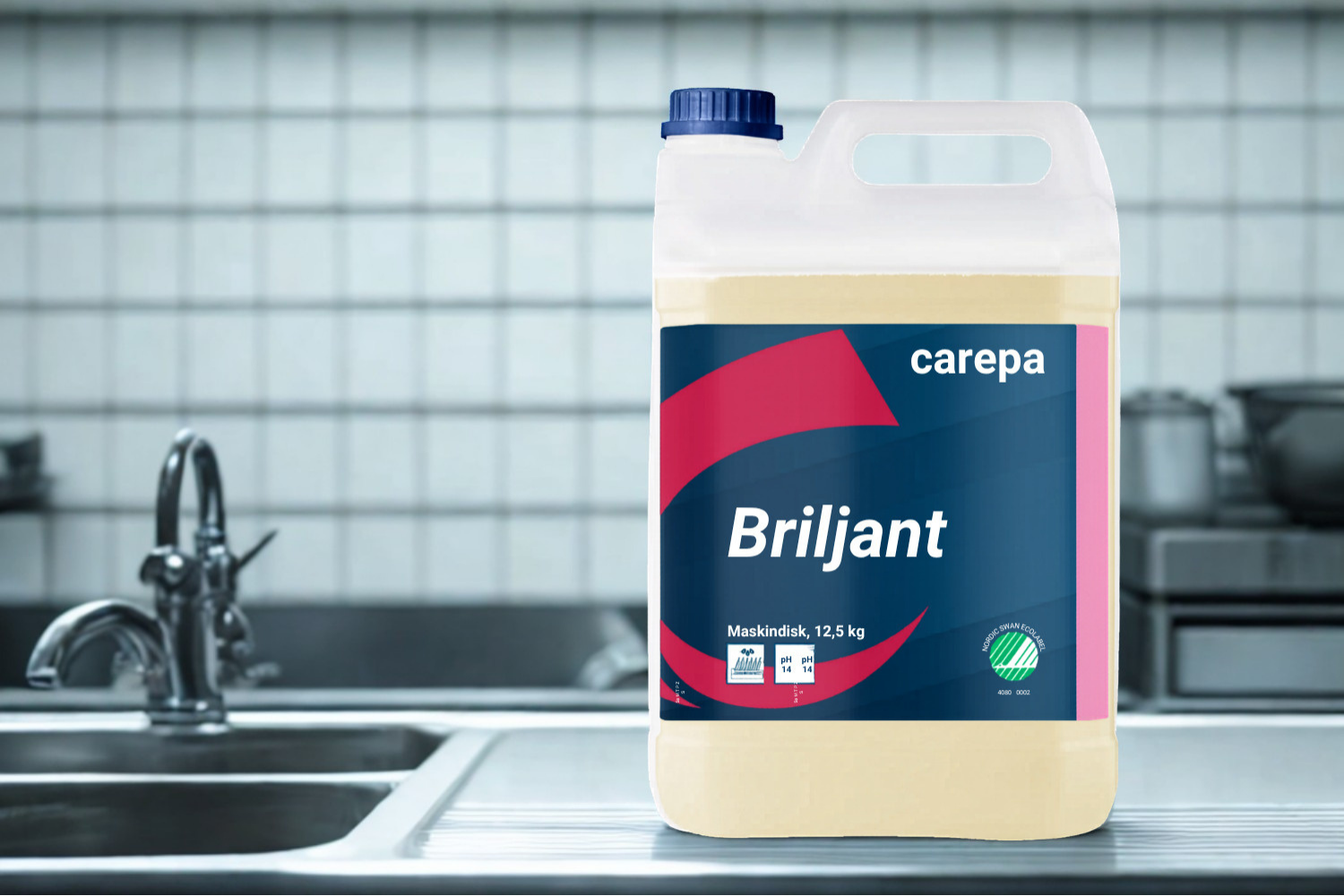 Carepas diskkem Briljant i dunk, står på en diskbänk av aluminium
