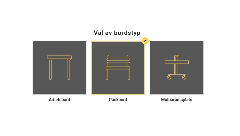 Bild tre olika bordstyper: arbetsbord, packbordoch multiarbetsplats