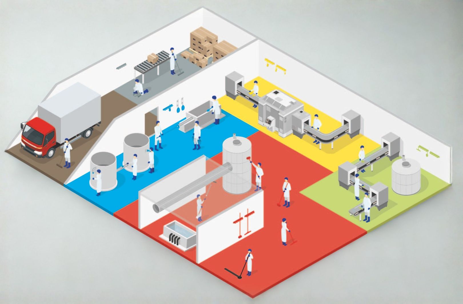 Skiss över färgkodade ytor i olika rum