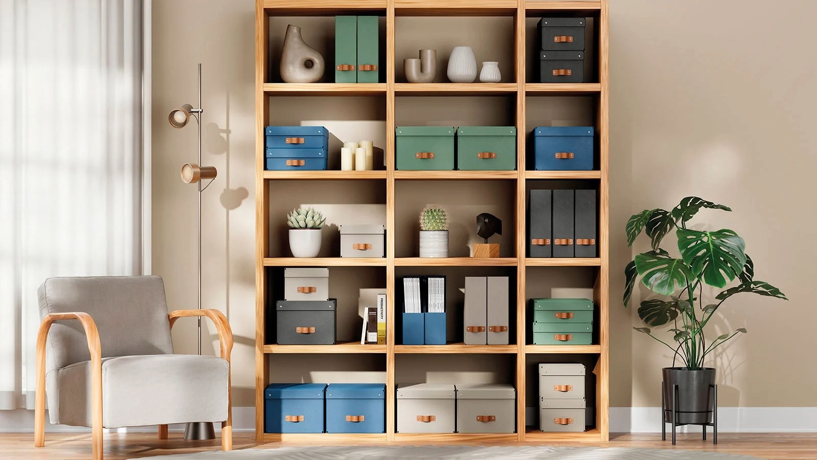 En bokhylla med serien Letiz puro i olika färger