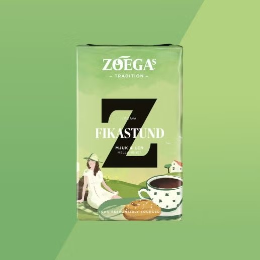 Grön bakgrund, kaffepaketet Fikastund från Zoegas