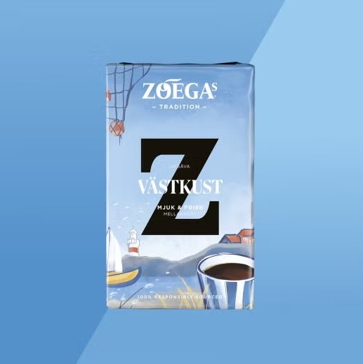 Blå bakgrund, Zoegas bryggkaffepaket Västkust