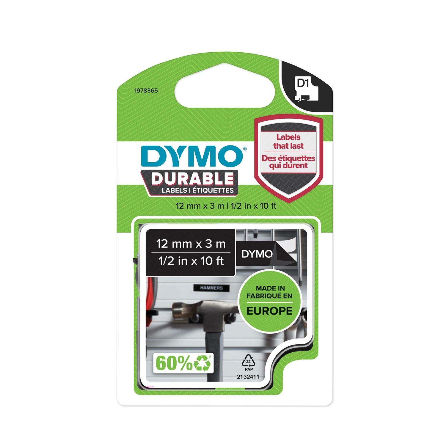 Märktejp Dymo D1 Durable 3 m vit/svart