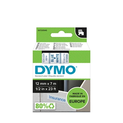 Märkt. Dymo D1 blå/vit 12 mm