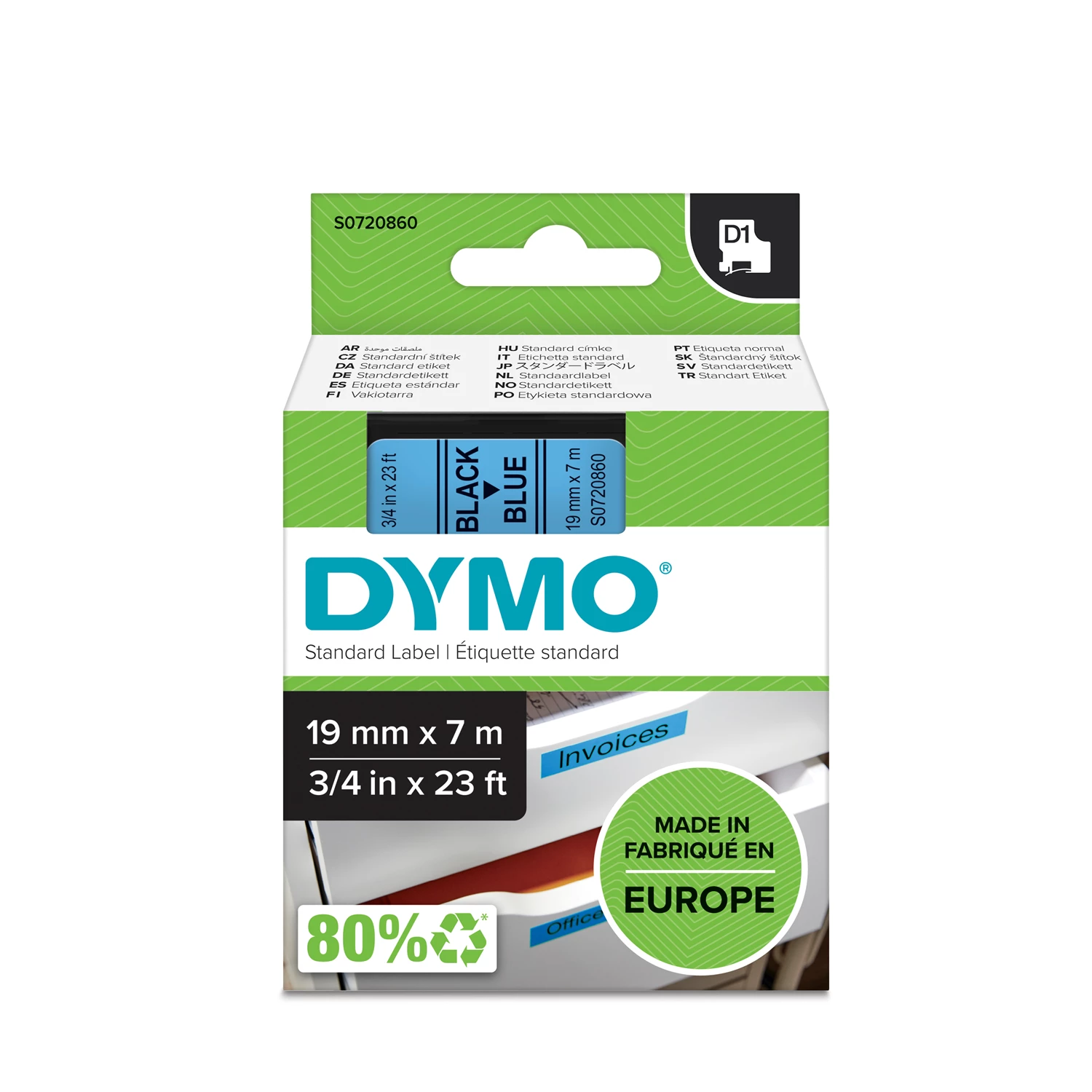 Märkt. Dymo D1 sv./blå 19 mm