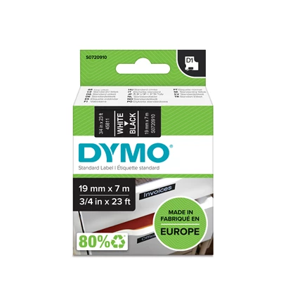 Märkt. Dymo D1 vit/svart 19 mm