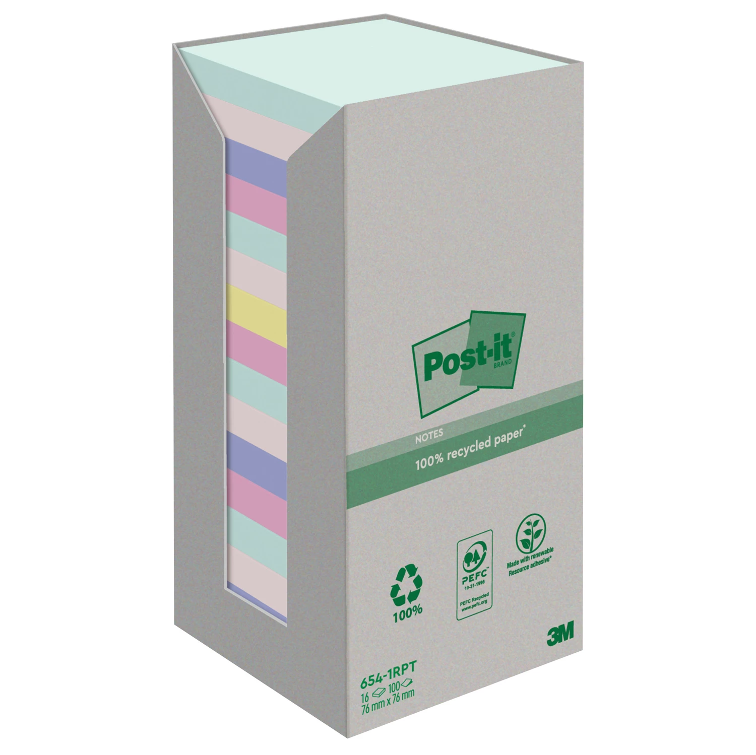 Post-it Recycled Notes 76x76 mm, mix, 16 block/FP