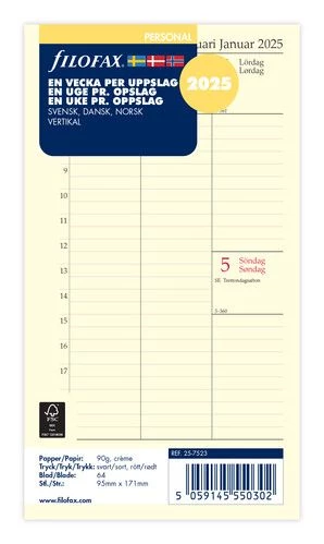 Dagbok Filofax Personal 2025 vecka/uppslag vertika
