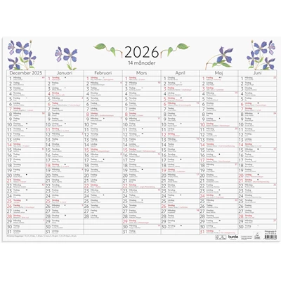Väggkalender 2026 14-månaders väggblad