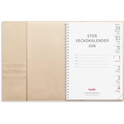 Kalender 2026 Stor Veckokalender beige kontstläder