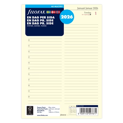 Dagbok Filofax A5 2026 Dag Per Sida Svensk/Dansk/N