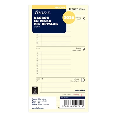 Dagbok Filofax Personal 2026 vecka/uppslag