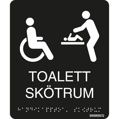 Skylt Skötrum/Toalett Taktil 150x180mm Svart