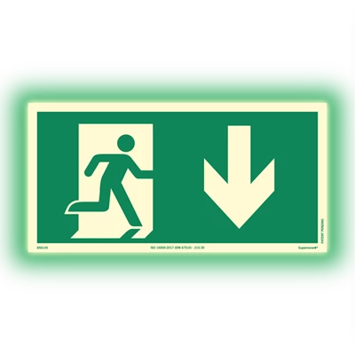 Skylt Utrymningsväg Ner Supernova+ 300x150mm 